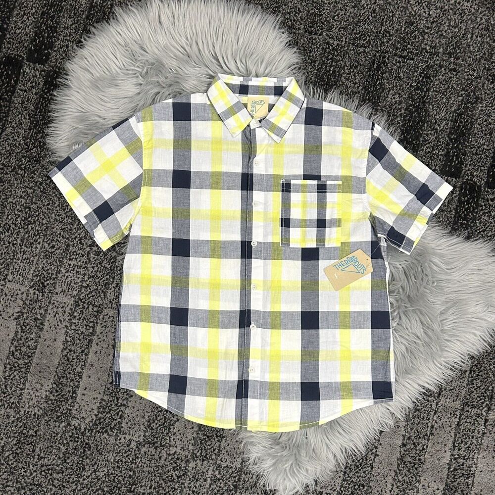 Thereabouts‎ Citron Check Block Short Sleeve Button Up Top Large (14H/16H)